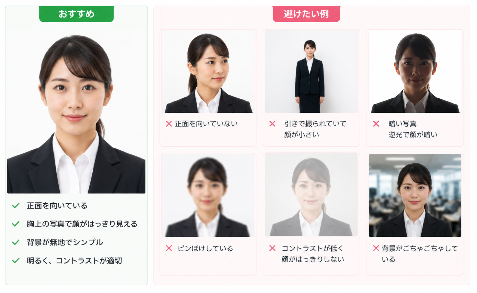 Recommended and not-recommended examples for employee/ID card portrait photos